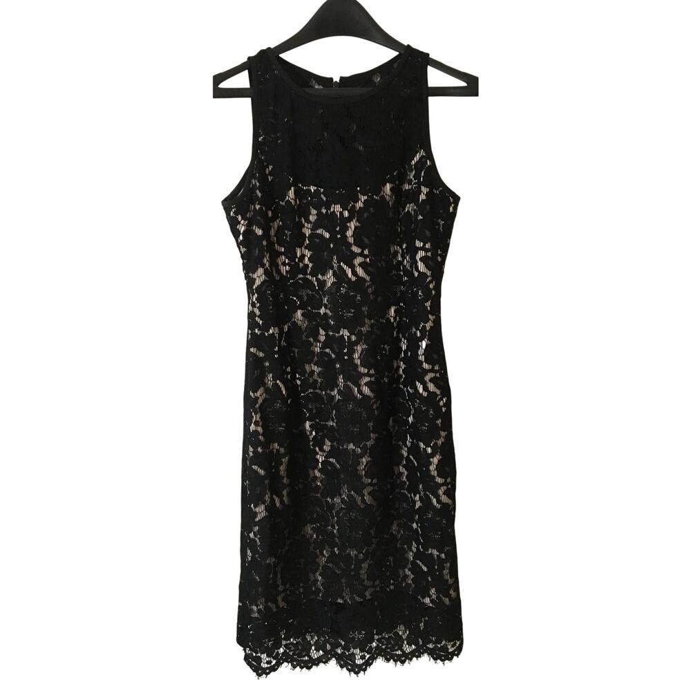 White House Black Market Black Full Lace Floral Over Cream Sheath Dress Size 4